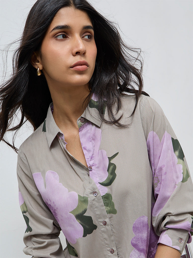 Utsa Grey Floral Pattern Cotton Tunic