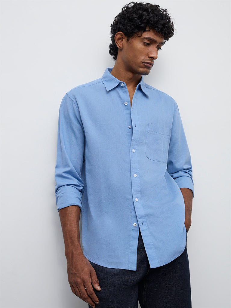 WES Casuals Blue Relaxed-Fit Cotton-Blend Blend Shirt