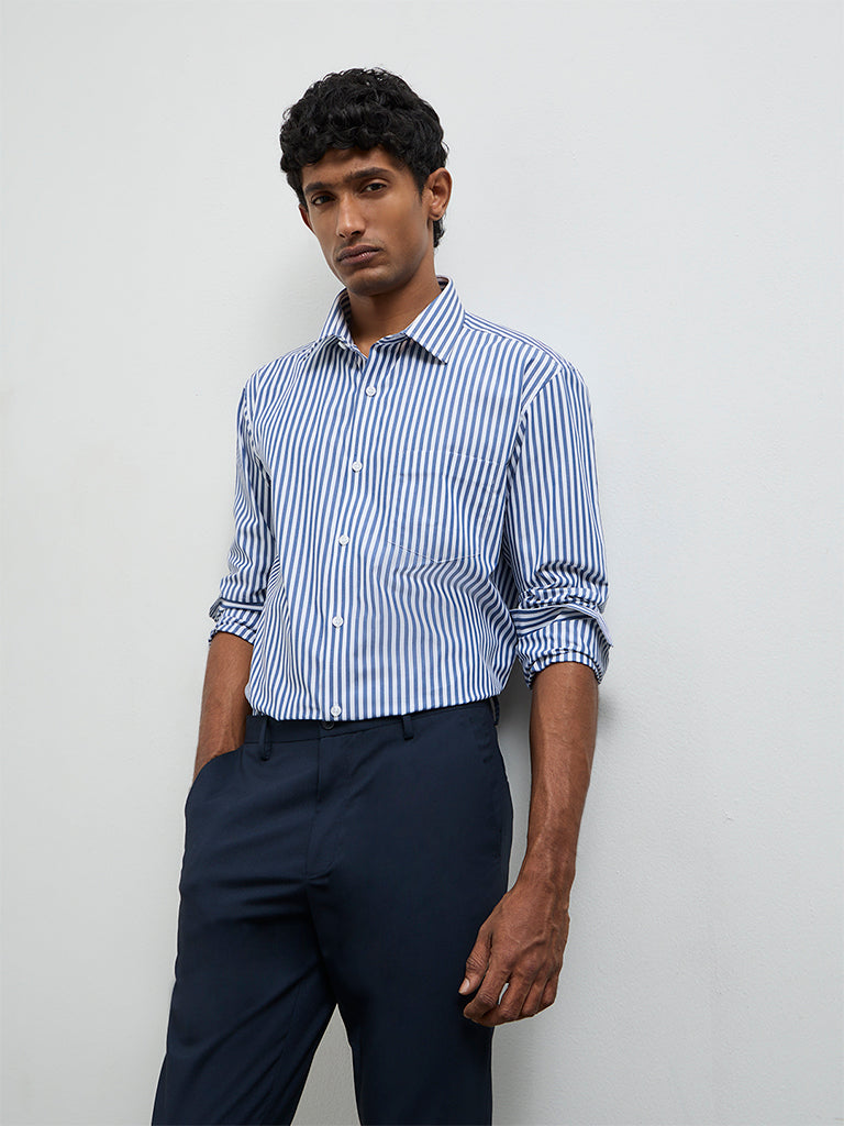 WES Formals Blue Striped Relaxed-Fit Cotton Shirt