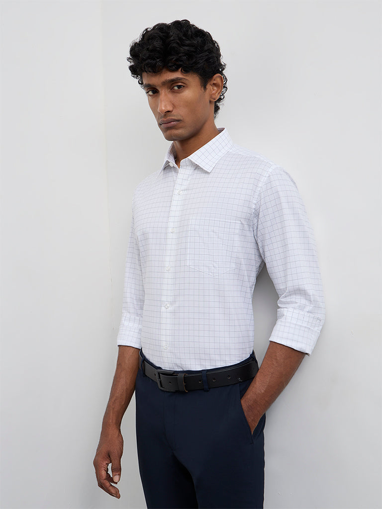 WES Formals White Checkered Slim-Fit Cotton Shirt