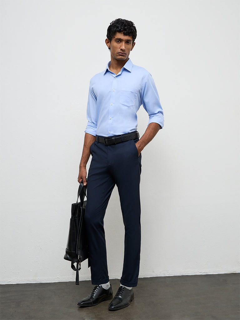 WES Formals Blue Slim-Fit Cotton Shirt