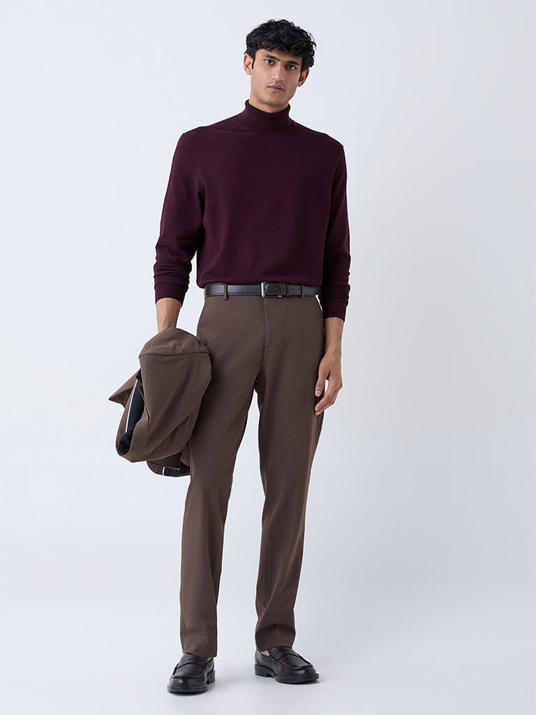WES Formals Brown Slim-Fit Mid-Rise Trousers