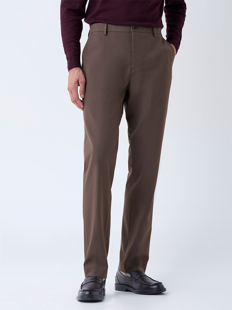 WES Formals Brown Slim-Fit Mid-Rise Trousers