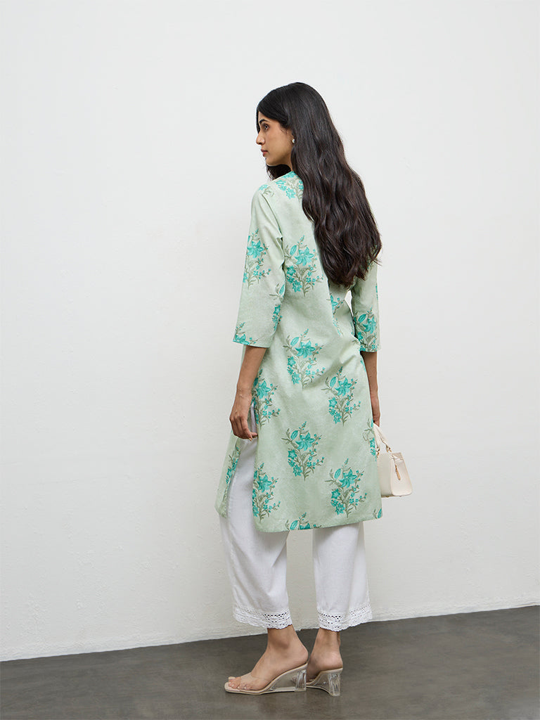 Utsa Mint Floral Printed Cotton Straight Kurta