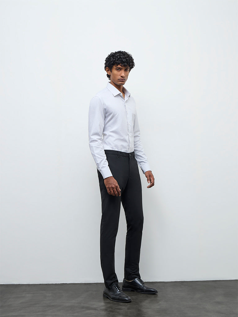 WES Formals Black Solid Ultra Slim-Fit Mid-Rise Trousers