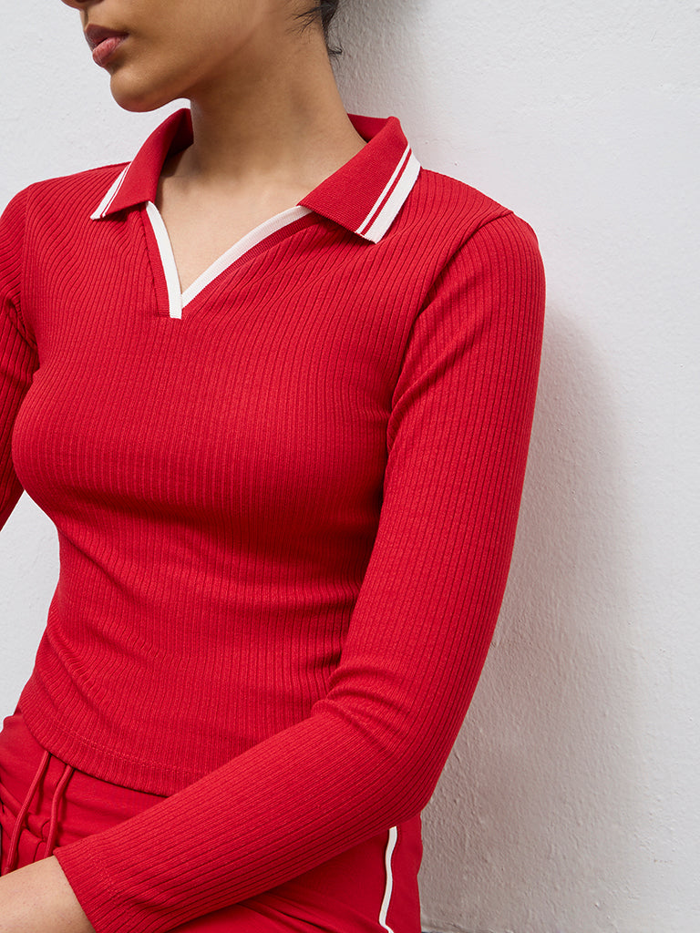 Nuoflexx Red Contrast-Detailed Ribbed Top