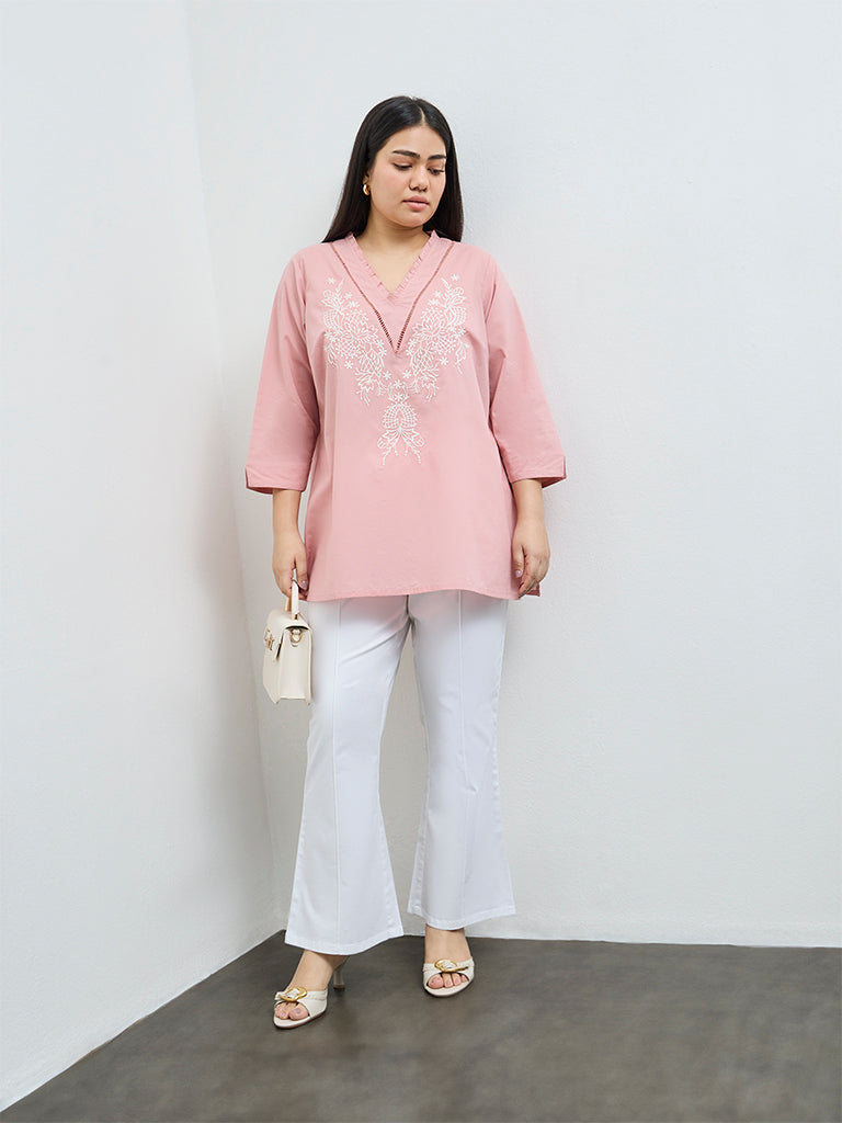 Diza Pink Floral Embroidered Cotton Tunic
