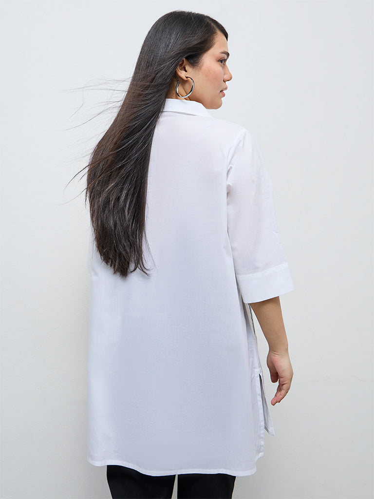 Diza White Leaf Embroidered Cotton Tunic