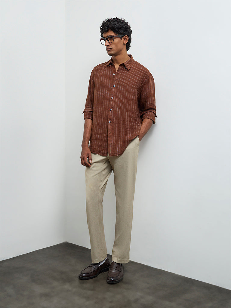 Ascot Brown Striped Relaxed-Fit Linen Shirt