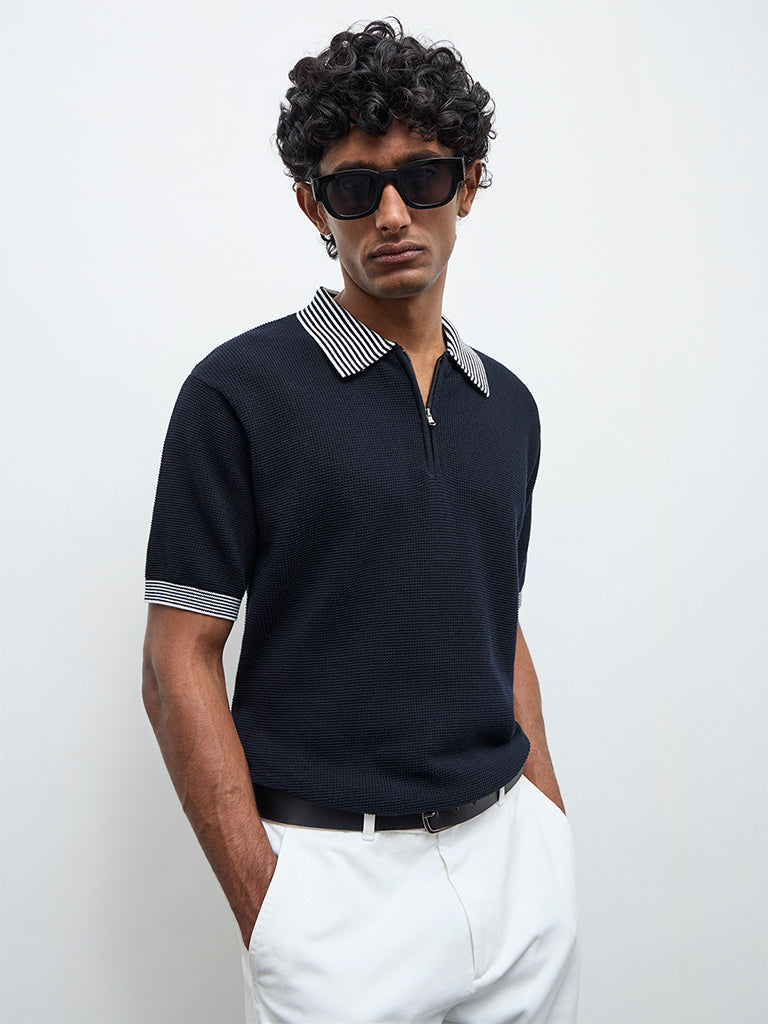 Ascot Navy Relaxed-Fit Cotton Quarter-Zip Polo T-Shirt
