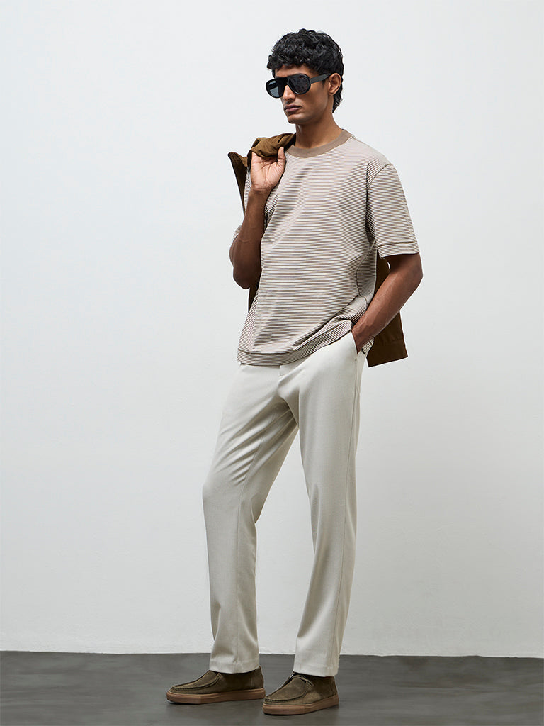 Ascot Brown Striped Relaxed Fit Cotton T-Shirt