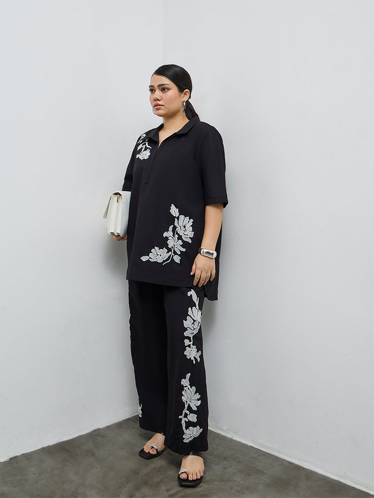 Diza Black Foliage Embroidered Pants
