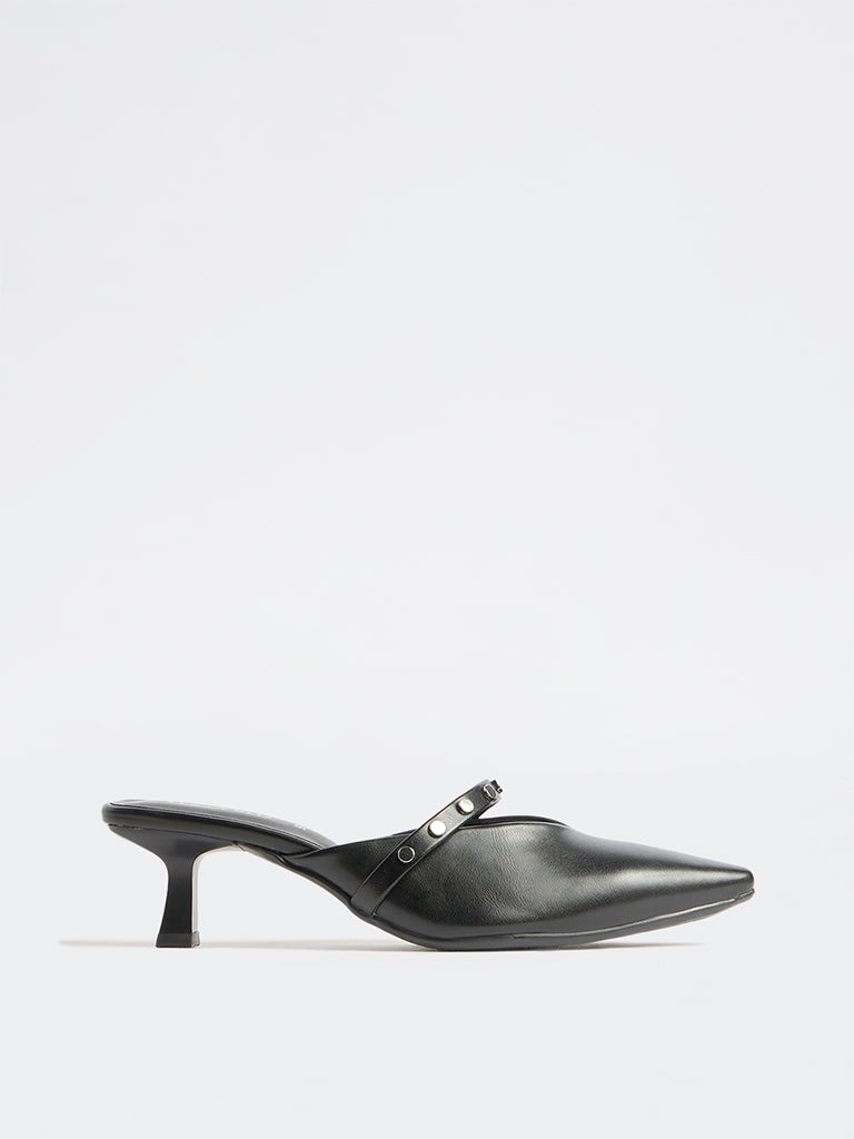LUNA BLU Black Stud-Detailed Kitten-Heel Mules