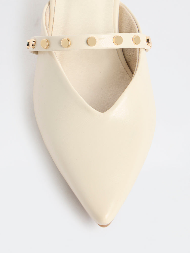 LUNA BLU Ivory Stud-Detailed Kitten-Heel Mules