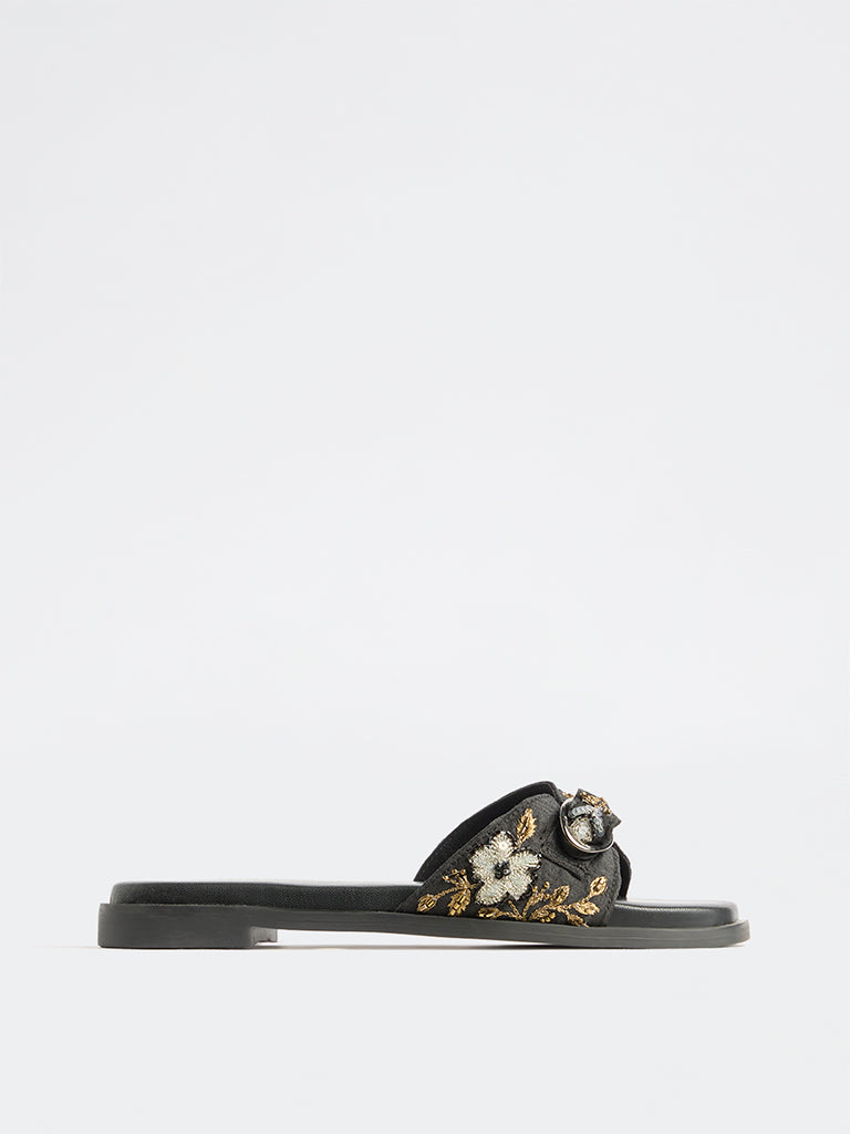 LUNA BLU Black Floral Embroidered Slides