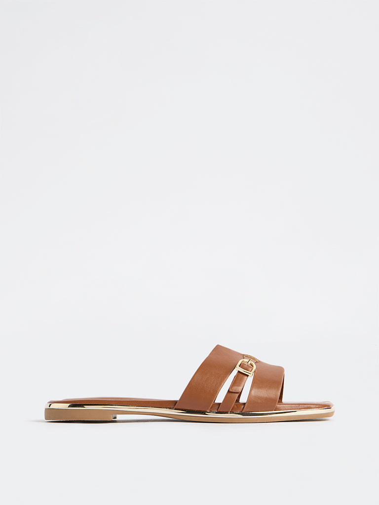 LUNA BLU Tan Buckle-Detailed Slides