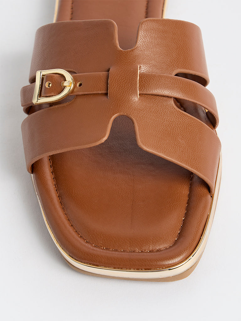 LUNA BLU Tan Buckle-Detailed Slides