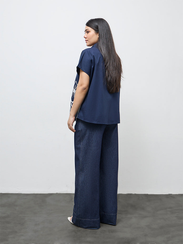 Gia Navy Floral Embroidered Cotton Blouse