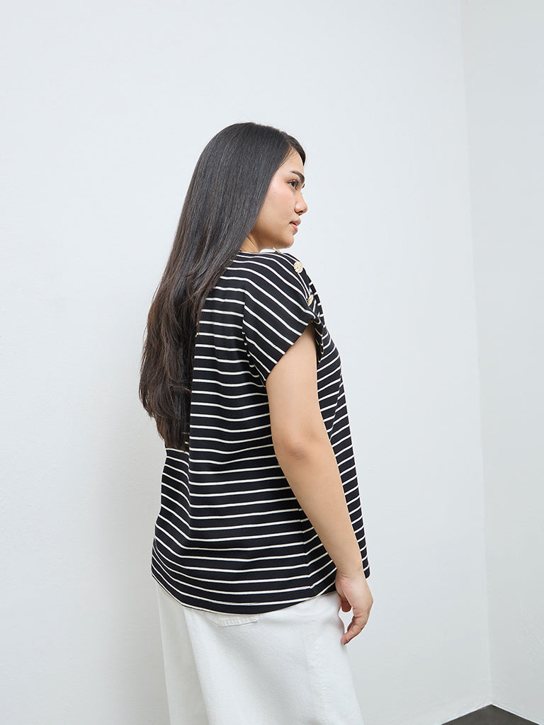 Gia Black Striped Cotton T-Shirt