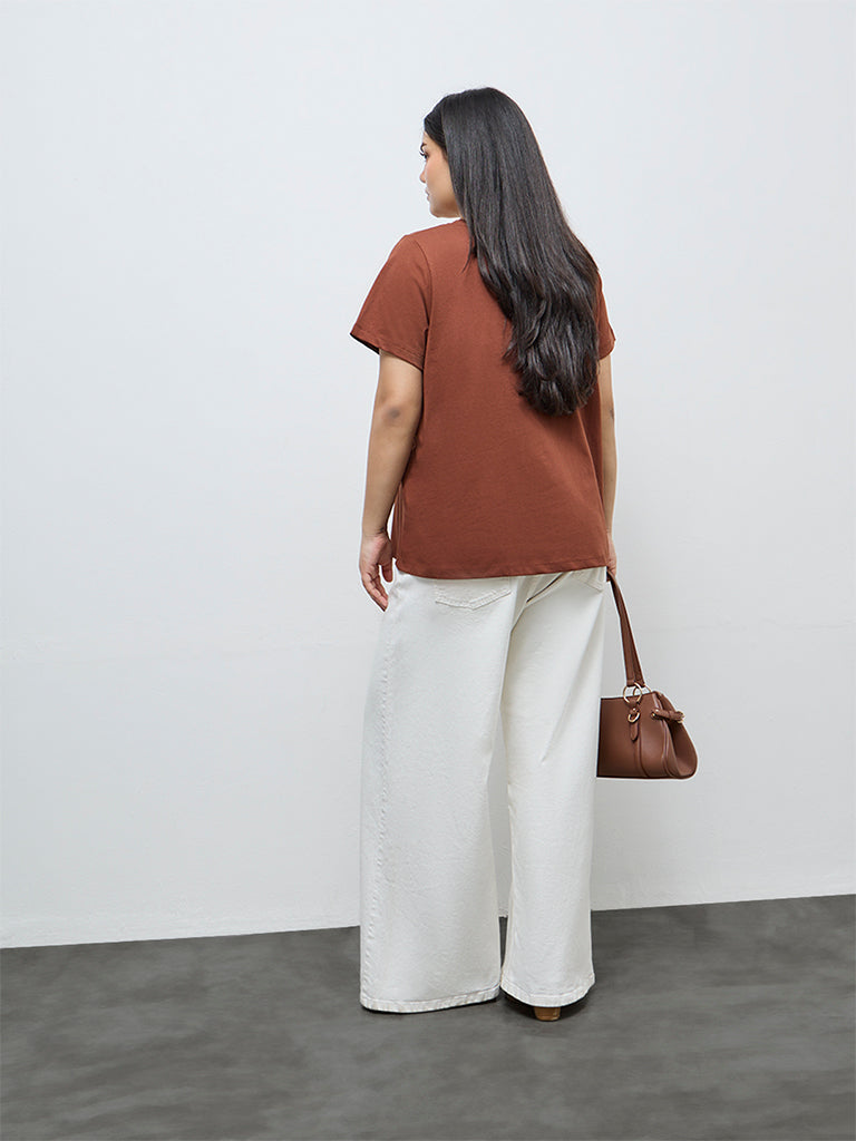 Gia Dark Brown Embroidered Cotton T-Shirt
