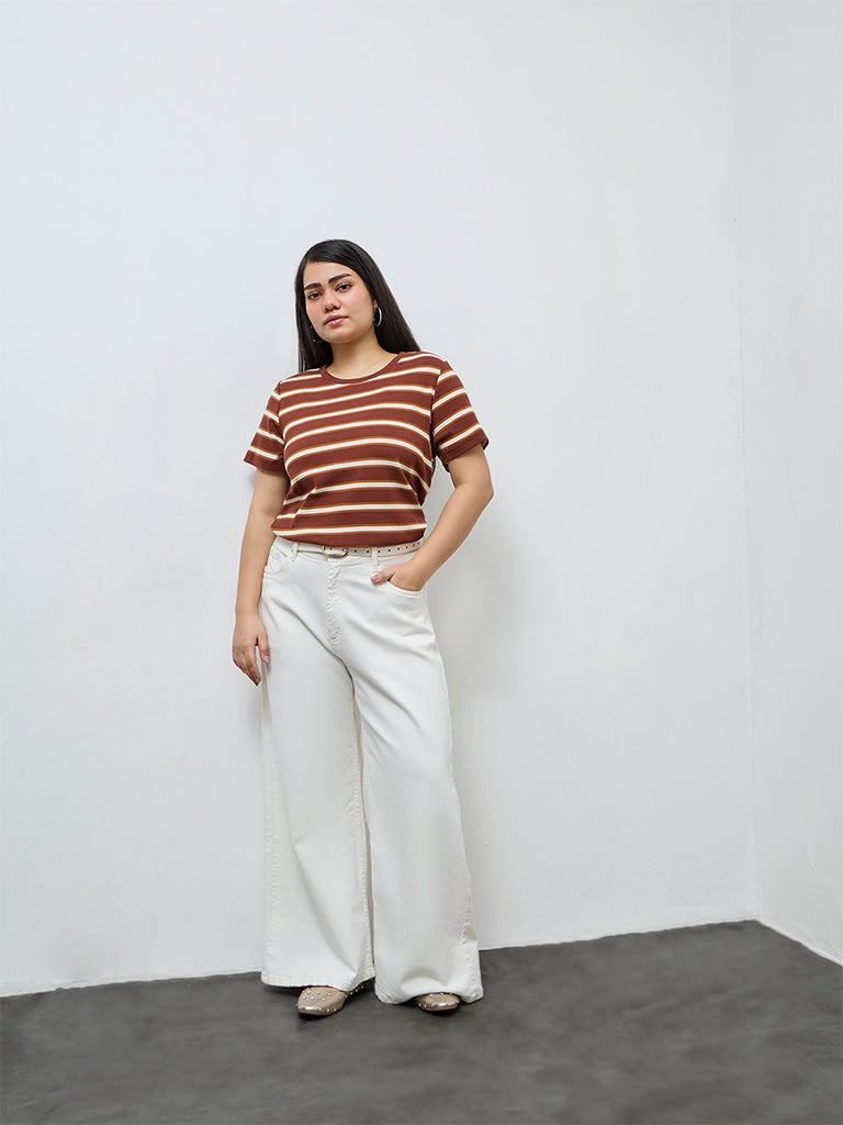 Gia Dark Brown Striped Cotton-Blend T-Shirt