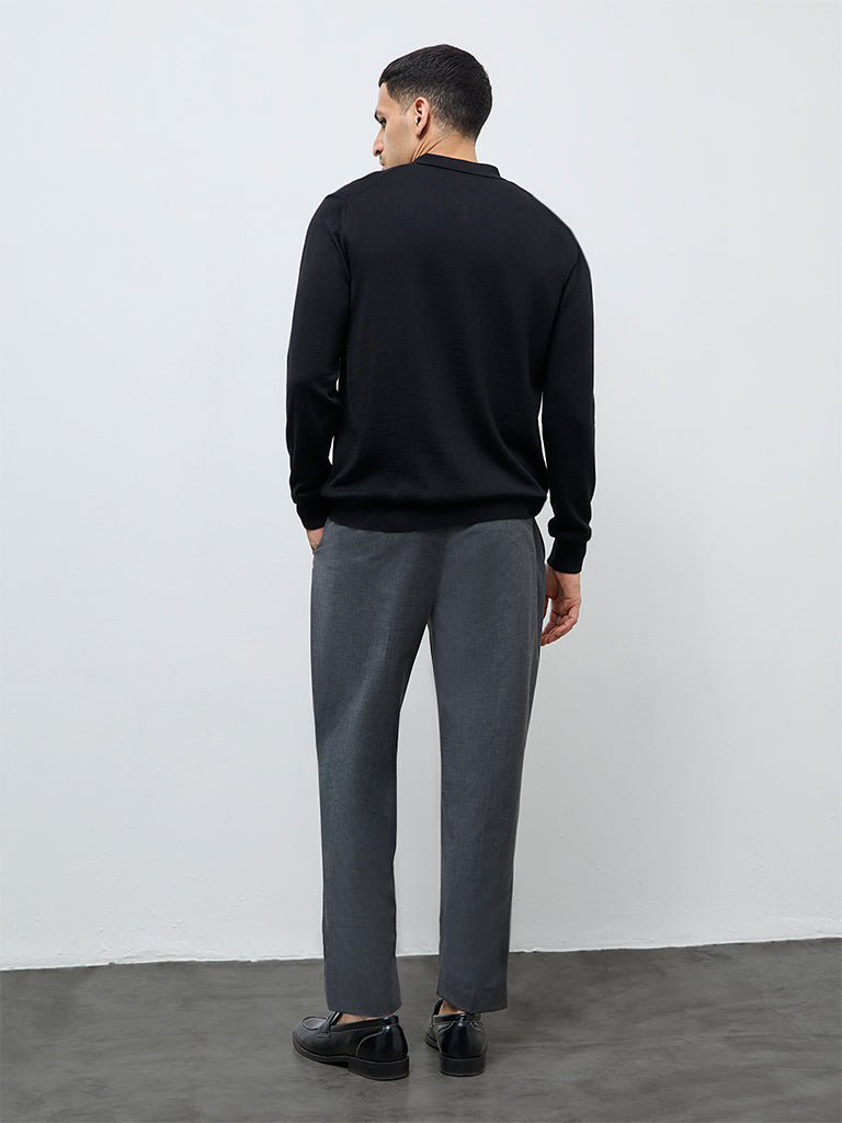 WES Formals Charcoal Solid Mid-Rise Slim-Fit Trousers