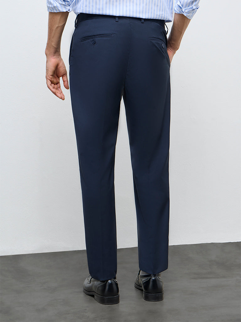 WES Formals Navy Solid Mid-Rise Slim-Fit Trousers