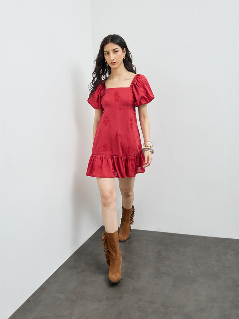 Bombay Paisley Red Paisley Embroidered Cotton A-Line Dress