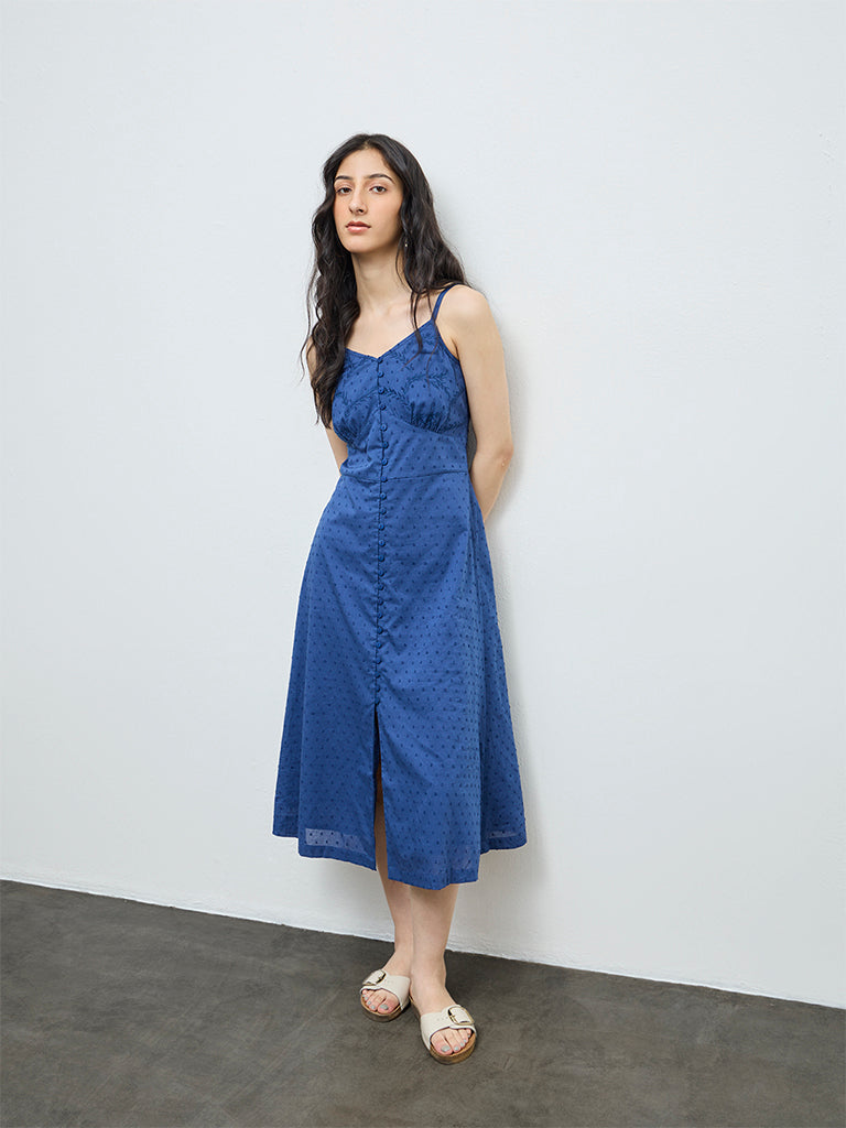Bombay Paisley Indigo Embroidered Cotton A-Line Dress