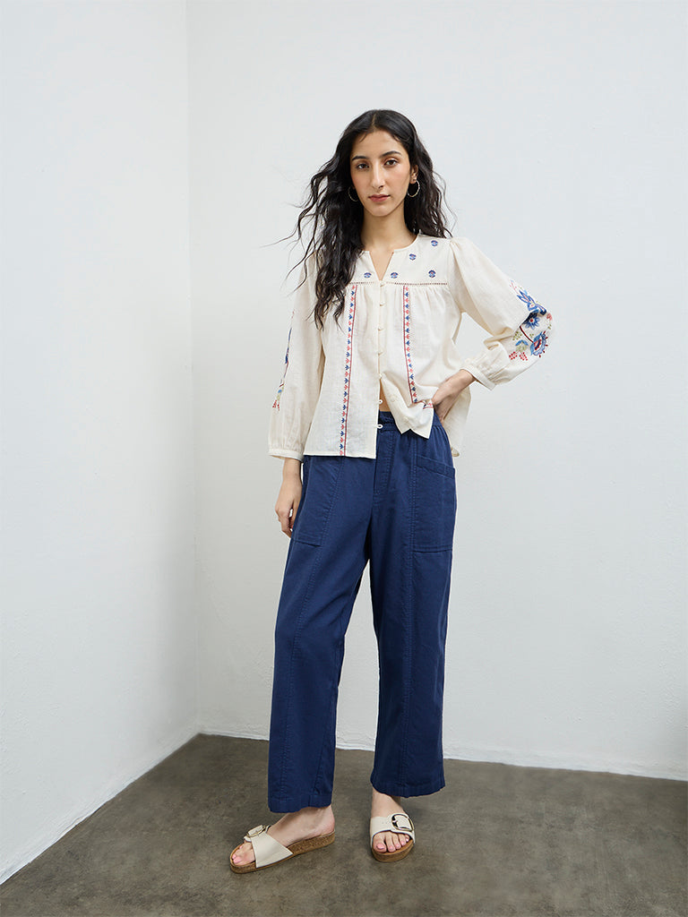 Bombay Paisley Off-White Floral Embroidered Cotton Blouse