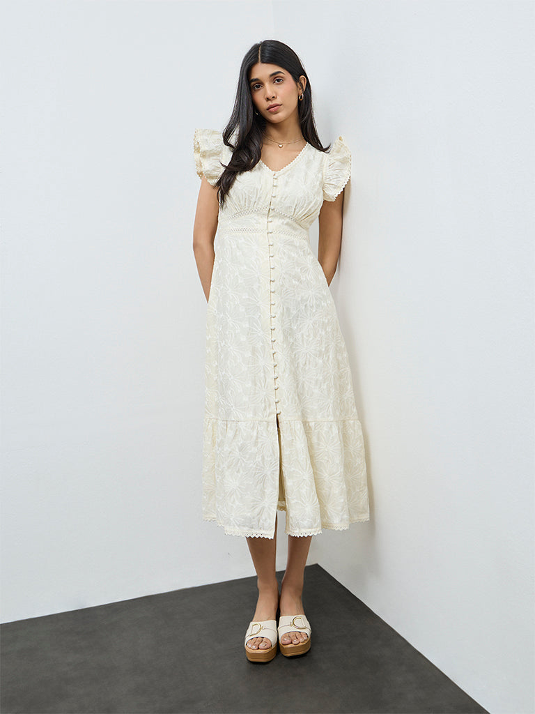 LOV Off-White Floral Embroidered A-Line Dress