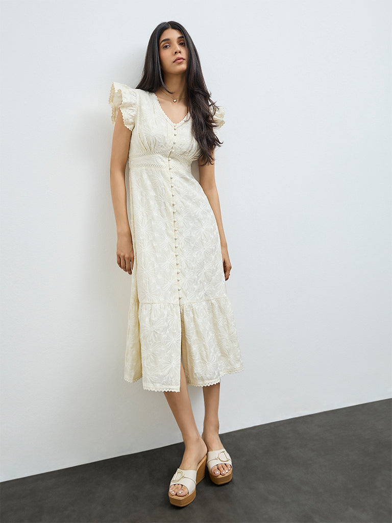 LOV Off-White Floral Embroidered A-Line Dress
