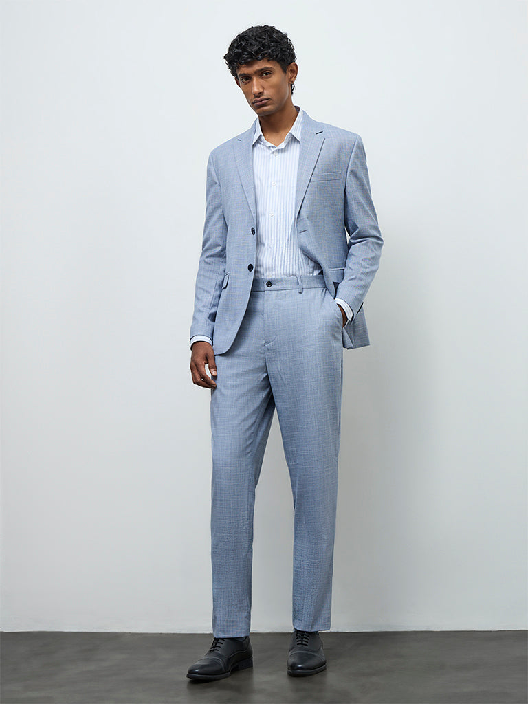 WES Formals Blue Relaxed-Fit Mid-Rise Trousers