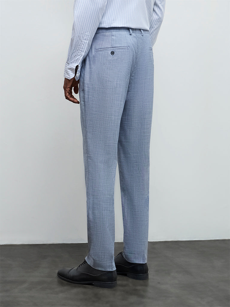 WES Formals Blue Relaxed-Fit Mid-Rise Trousers
