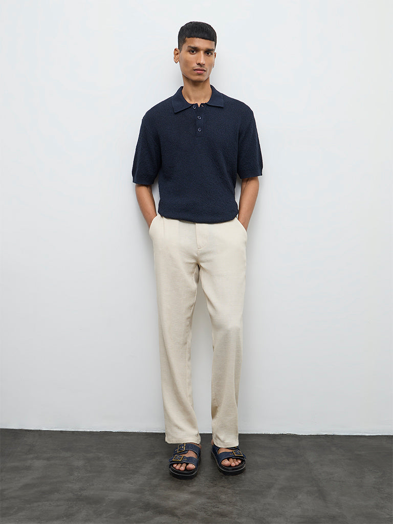 ETA Navy Textured Relaxed-Fit Polo T-Shirt