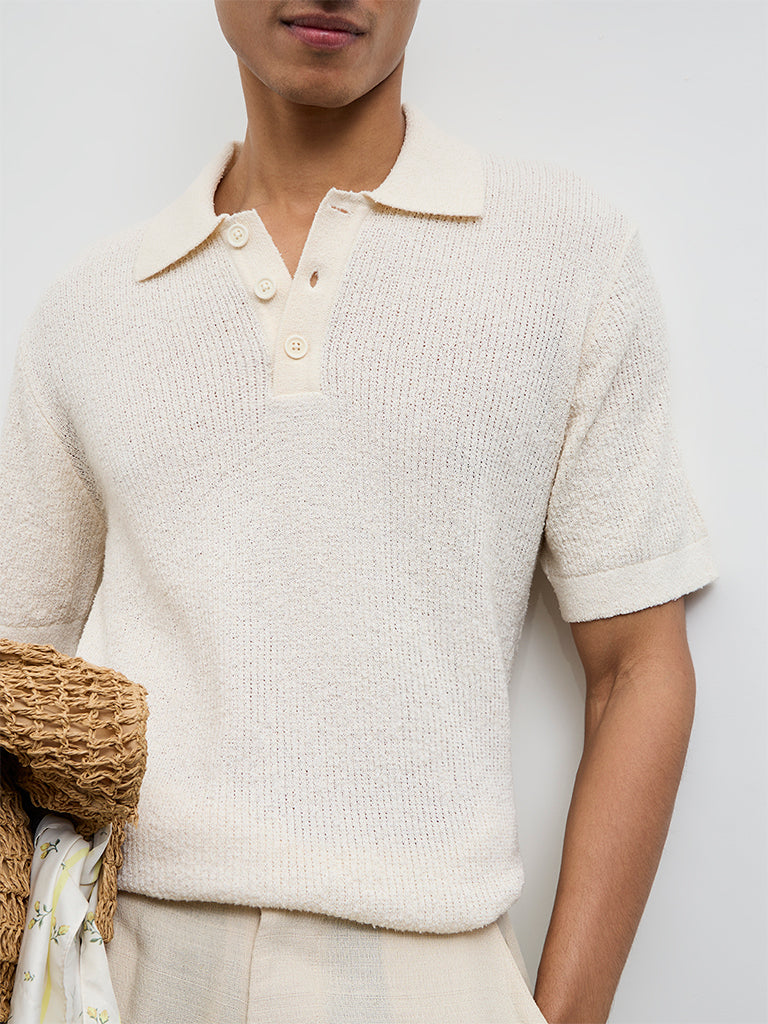 ETA Off-White Textured Relaxed-Fit Polo T-Shirt