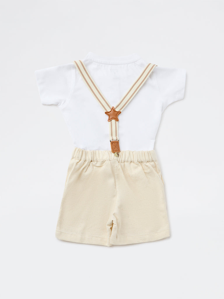 HOP Baby Boys White Cotton T-Shirt, Shorts and Suspender