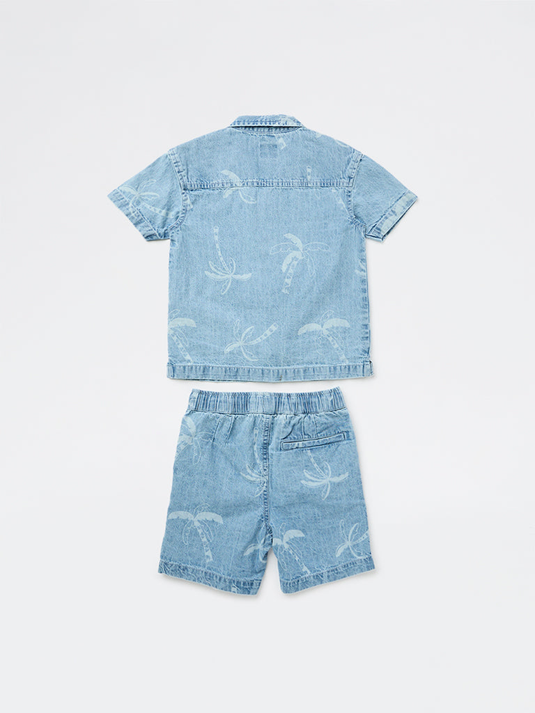 HOP Kids Boys Light Blue Printed Denim Shirt and Shorts Set