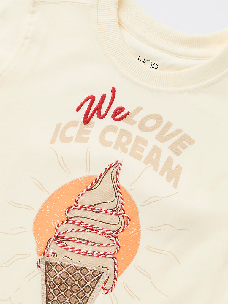 HOP Kids Boys Cream Graphic Printed Cotton T-Shirt