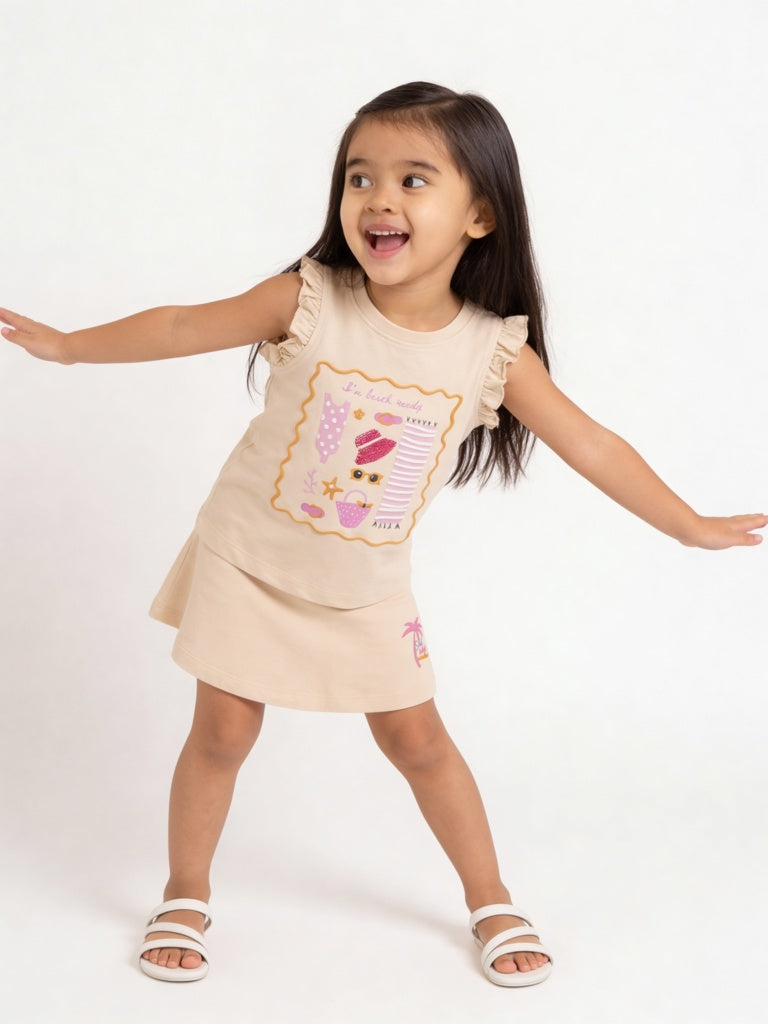 HOP Kids Girls Light Peach Printed Cotton Top