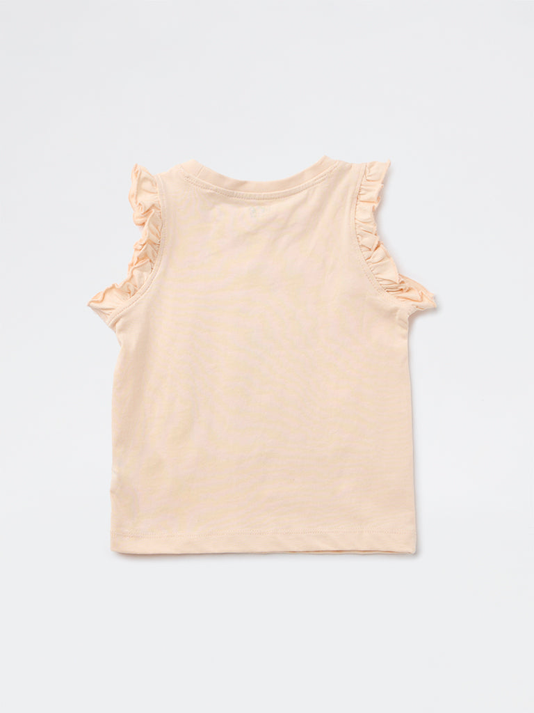 HOP Kids Girls Light Peach Printed Cotton Top