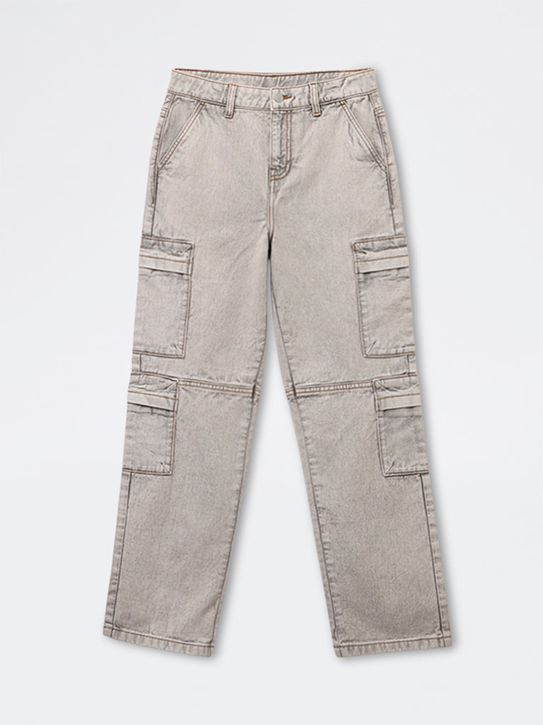 Boys Light Grey Mid-Rise Relaxed-Fit Jeans