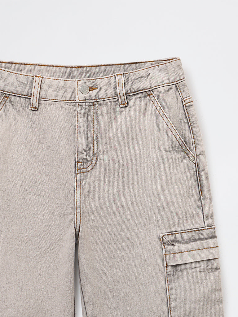 Boys Light Grey Mid-Rise Relaxed-Fit Jeans