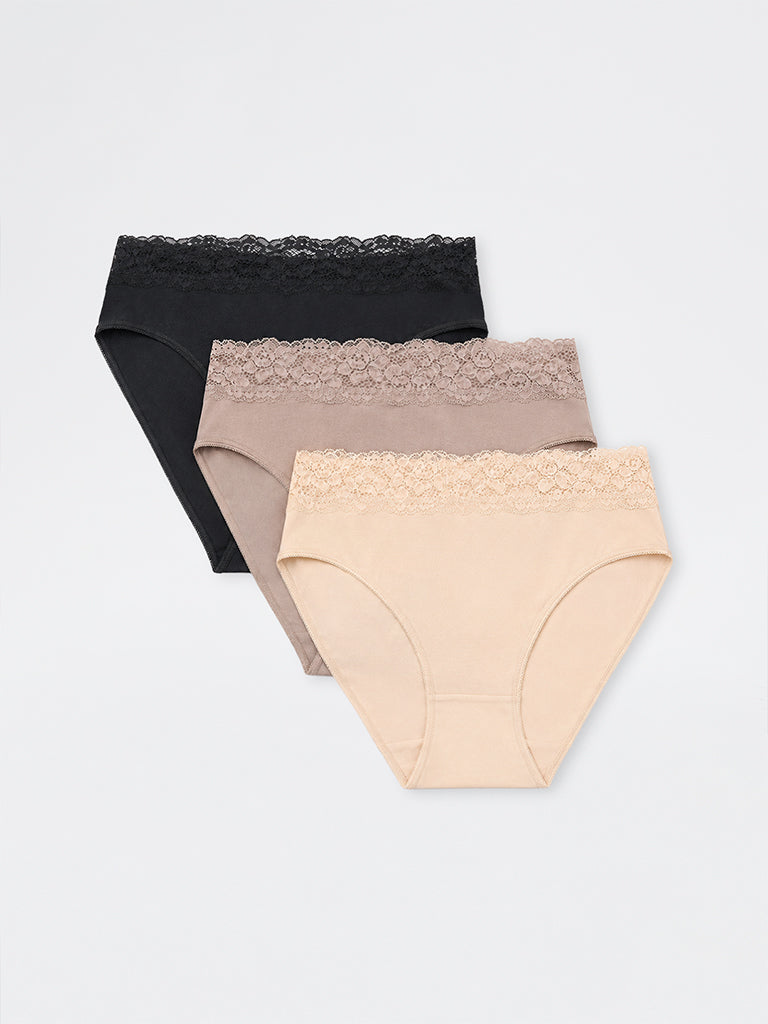Wunderlove 3-Pack Lace-Detail Hi-Leg Cotton-Blend Briefs