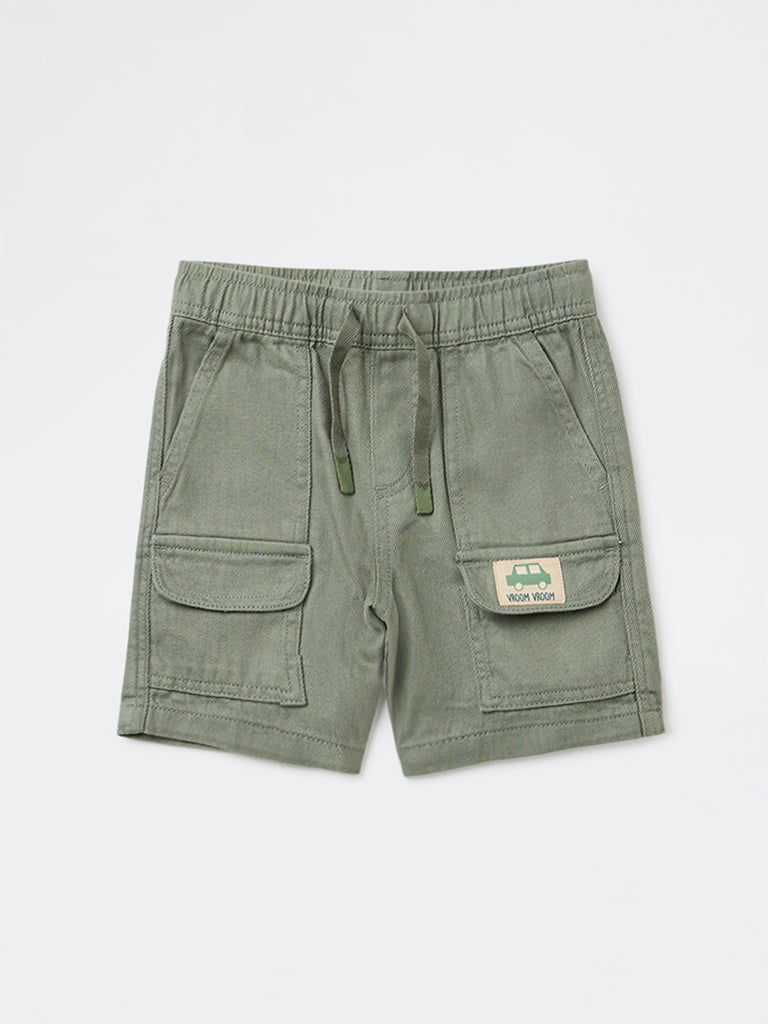 HOP Kids Boys Olive Solid Mid-Rise Cotton-Blend Shorts