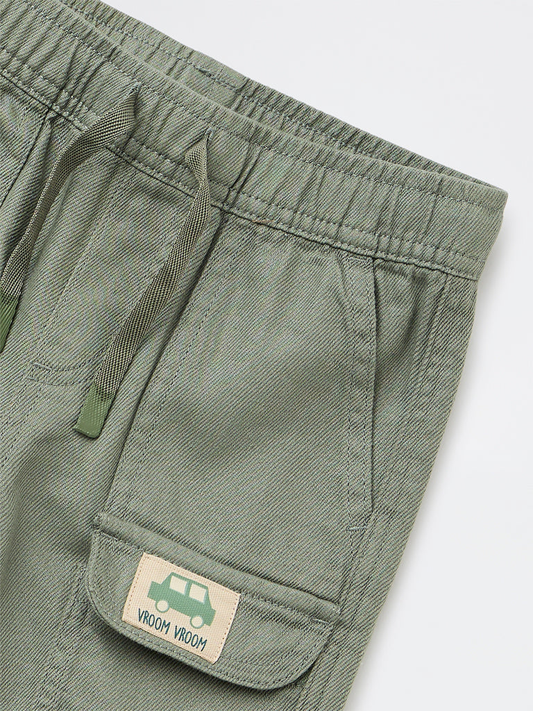 HOP Kids Boys Olive Solid Mid-Rise Cotton-Blend Shorts