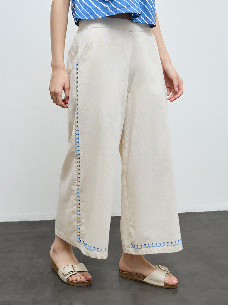 Bombay Paisley Off-White Embroidered Cotton-Blend Palazzos