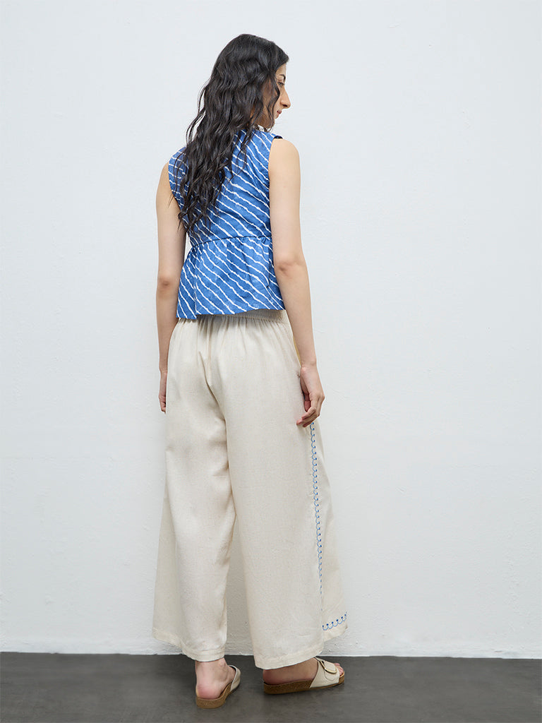 Bombay Paisley Off-White Embroidered Cotton-Blend Palazzos