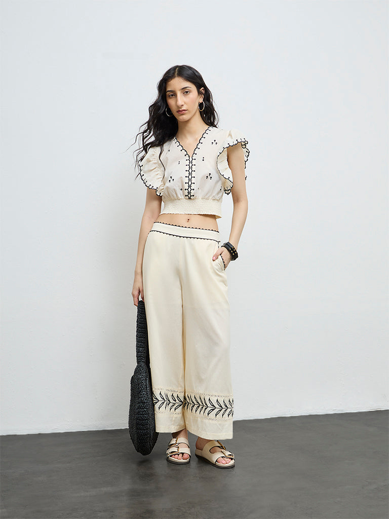 Bombay Paisley Cream Embroidered Cotton-Blend Top