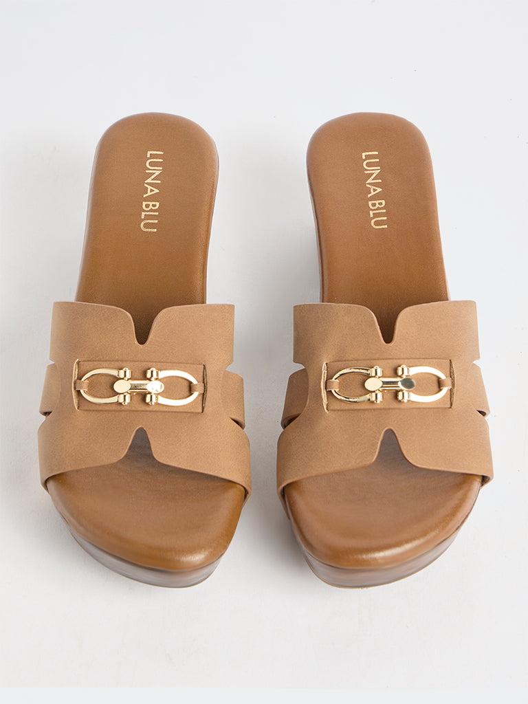 LUNA BLU Brown Buckle-Detailed Platform-Heel Sandals
